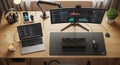 Wooden desk setup with dual screen monitors displaying coding Royalty Free Stock Photo