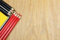 Wooden desk top with devices and supplies Royalty Free Stock Photo