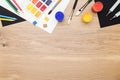 Wooden desktop with drawing tools