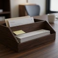 A wooden desktop organizer holds a stack of documents and envelopes. It\'s placed on Royalty Free Stock Photo