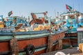 Wooden dhow cargo boats loaded with merchandise on Dubai Creek United Arab Emirates