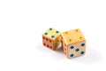 Wooden dice have double four point on white background isolated