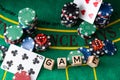 wooden dice on which writes poker playing cards and chips laid out on a poker table. Poker concept Royalty Free Stock Photo