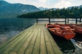 Wooden dinghy boats on Lake Bohinj in Slovenia Royalty Free Stock Photo