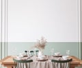 Wooden dining room mockup with wooden table and green chairs on empty wall, farmhouse style