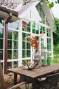 Wooden dining table with retro dishes and deer antler in the courtyard