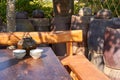 Wooden dining table and stools in traditional Chinese village Royalty Free Stock Photo