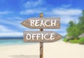 Wooden direction sign on beach or office Royalty Free Stock Photo