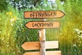 Wooden direction sign with the German word Ãâffnungen openings and Lockdown