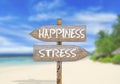 Wooden direction sign happiness or stress