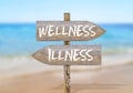 Wooden direction sign with wellness and illness