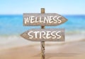 Wooden direction sign with wellness and stress