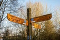 Wooden direction sign posts for hikers on the National cycle trail 10 in Kielder Forest