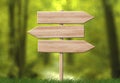 Wooden direction triple arrow roadsign with forest background Royalty Free Stock Photo