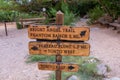 Wooden directional sign of Bright Angel hiking trail and Plateau Point at South Rim of Grand Canyon National Park, Arizona Royalty Free Stock Photo