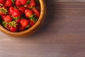 Wooden dish with strawberries. wood background, flat lay, space for a text