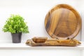 Wooden dishes. Kitchen utensils and accessories made of bamboo, interior details. Eco-friendly products. Various salad bowls,