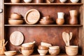 Assortment of wooden plates dishes kitchen utensils on wooden background Royalty Free Stock Photo