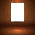 Wooden display background with blank hanging picture
