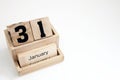 Wooden display block with January 31st lettering on white background