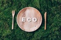 Wooden disposable tableware from natural materials with word ECO, wooden spoon, fork on green moss background. Eco