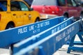 Wooden Do Not Cross police barriers in New York