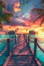 Dock Leading to Tropical Sunset With Palm Trees Royalty Free Stock Photo
