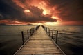 A wooden dock extends into a serene lake, under a dramatic, fiery sunset with dark clouds looming above, ai generative Royalty Free Stock Photo