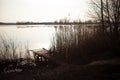 Wooden dock, pier, on a lake in the evening Royalty Free Stock Photo