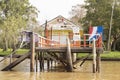 Wooden dock seen from boat in the Delta del Parana, Tigre Buenos Aires Argentina