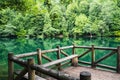 Wooden dock with sitting bench on a lake in Yedigoller National Park Turkey