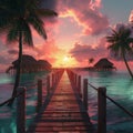 Dock Leading to Tropical Sunset With Palm Trees Royalty Free Stock Photo