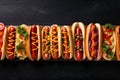 dog sauce hot wooden background sausage fast food american meat bread. Generative AI. Royalty Free Stock Photo
