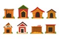 Wooden dog house set, dogs kennel cartoon vector Illustrations