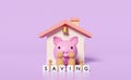 Wooden doll figures with house, family, piggy bank isolated on pink background. happy family, saving money, fund, interest concept Royalty Free Stock Photo