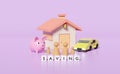 Wooden doll figures with house, family, piggy bank, sports car isolated on purple background. happy family, saving money, fund,