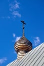 Wooden dome with orthodox cross of Church of the Beheading of St. John the Baptist in European city Grodno or Hrodna