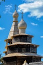 Wooden domes on timbered church in Velikiy Novgorod, Russia. Royalty Free Stock Photo