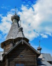 Wooden domes on timbered church in Velikiy Novgorod, Russia. Royalty Free Stock Photo