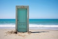 Wooden door on the beach with blue sea and blue sky background Royalty Free Stock Photo