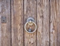 wooden door bronze handle closeup