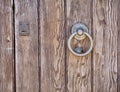 Wooden door bronze handle closeup