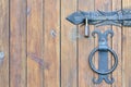 Wooden door, close-up. Metal handle and lock Royalty Free Stock Photo