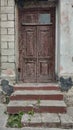 Wooden door with cracked brown paint. Gray old steps. Green plants Royalty Free Stock Photo