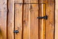 Wooden door decorated with metal latch and hinge