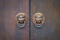 Wooden door detail with lion door knockers close up, Asia. Chinese style architecture of temple . Royalty Free Stock Photo