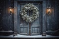 A wooden door embraced by a charming Christmas wreath, nature's touch in the heart of festive cheer