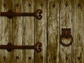 Wooden door with forged hinges.vector illustration