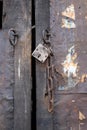 Wooden door with iron lock and chain,