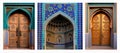 wooden door in a mosque. Symmetrical, with blue ceramic Islamic tiles, entrance. Beautiful ceiling dome wall ornamentation Royalty Free Stock Photo